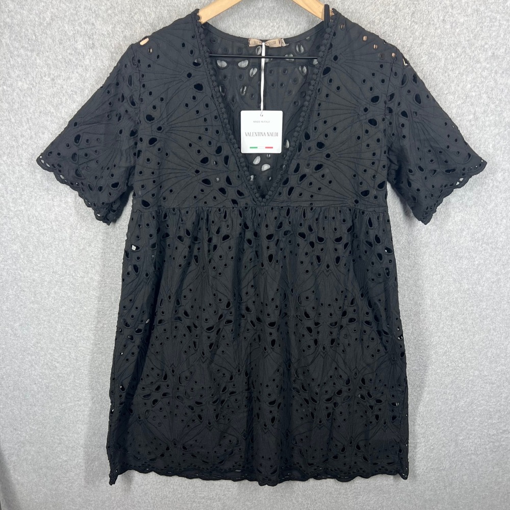 Valentina Naldi Eyelet Coverup Dress Womens S Black Cotton V-Neck Short Sleeve